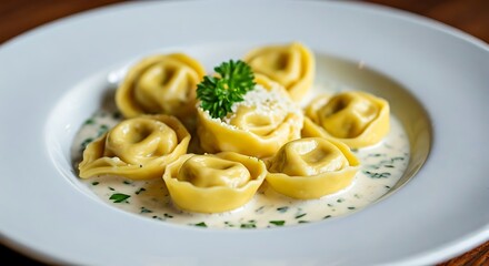 Delicate tortelloni pasta nests beautifully on a white plate, bathed in a creamy sauce with herbs.