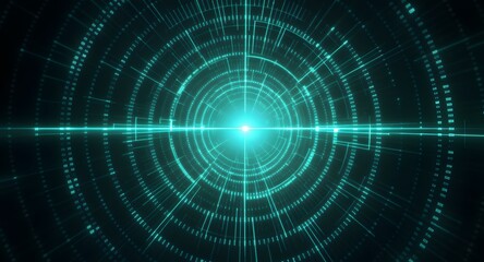 Abstract digital data visualization with concentric circles and a central bright light source in turquoise color. Futuristic technology concept with glowing lines and a blurred background.
