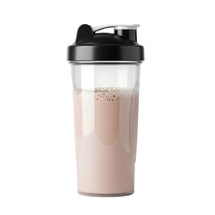 A plastic shaker bottle filled with a creamy protein shake, ideal for post-workout muscle recovery, on isolated transparent background.