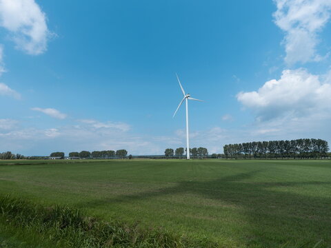 Single wind turbine in expansive green agricultural field with tree line horizon under blue sky with white clouds