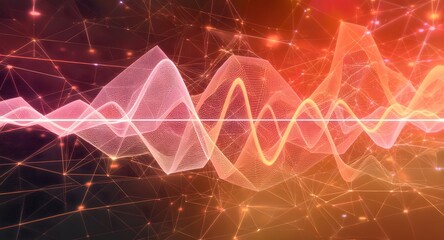 Abstract visualization of data streams in shades of orange and red a network of connected points and lines forming a dynamic waveform.