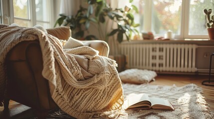 A cozy armchair is draped with a chunky knit blanket in a sunlit room. An open book lies on the floor, creating a warm, peaceful, and inviting scene perfect for relaxation and reading
