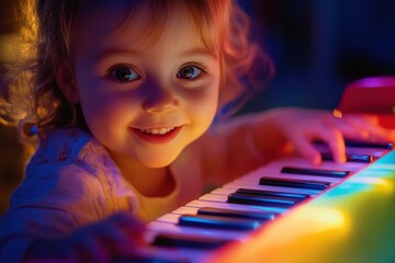 A joyful toddler with bright, curious eyes smiles while playing a small piano. Her face is illuminated by colorful lights, creating a magical and warm atmosphere of childhood discovery and wonder