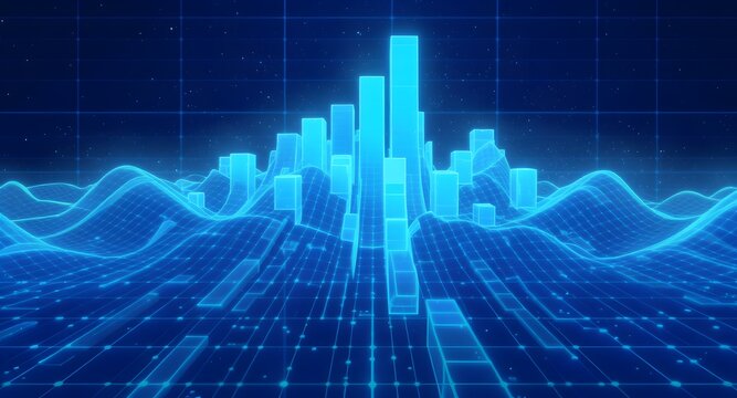 Abstract digital data visualization with blue bar graphs and undulating lines representing data flow and analysis in a futuristic grid-like environment. - Powered by Adobe