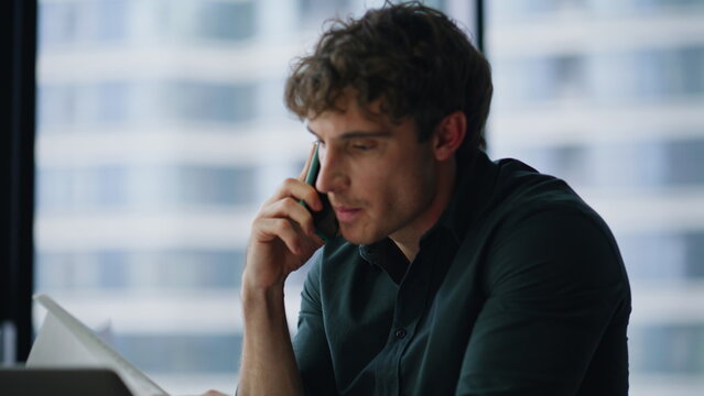 Nervous ceo shouting mobile phone worried failure throwing papers closeup. 