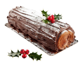 Festive Yule log cake (Bûche de Noël) with chocolate icing, powdered sugar snow effect, small holly decoration