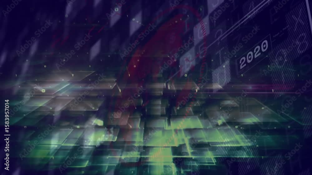Poster translucent green squares emerging grid assembling cubes shifting timeline labels updating progress