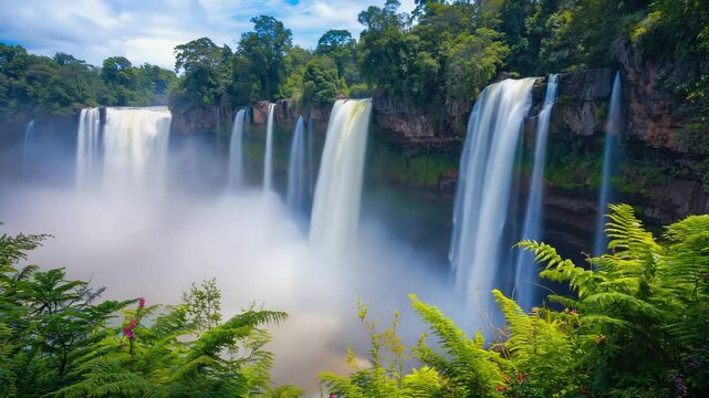 A Majestic Display of Nature's Power: A Spectacular View of Cascading Waterfalls Surrounded by Lush Greenery and Misty Atmosphere Captured in Two Stunning Frames