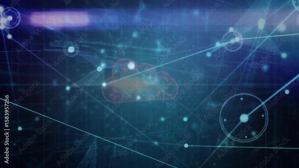 Poster Interface nodes appearing initiating pulsing converging forming red cloud visualizing data flow
