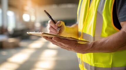 The construction worker taking notes on a clipboard at a job site.