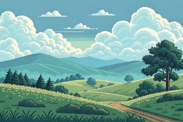 Fototapeta premium A picturesque pixel art landscape features rolling hills, a winding path, and a majestic tree beneath a sky filled with fluffy clouds, creating a tranquil rural scene