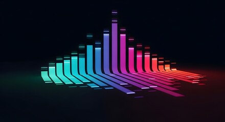 Abstract digital sound wave visualization in vibrant neon colors against a dark background. Represents data flow and audio spectrum with illuminated bars and dynamic gradient.
