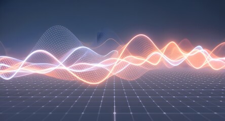 Abstract digital visualization with glowing waves and a grid background, representing data or technology concepts with dynamic light patterns.