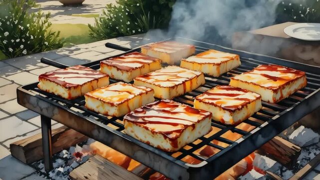 Deliciously Grilled Square Desserts: Perfectly Toasted and Glazed on a Barbecue Grill Surrounded by Nature for a Mouthwatering Summer Treat