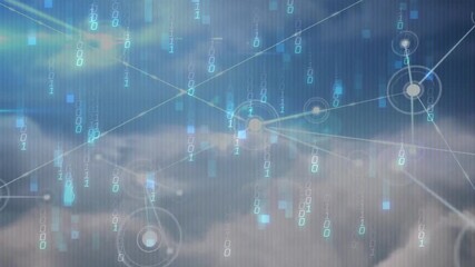 Hovering central node expanding network over clouds linking nodes cascading binary data - Powered by Adobe