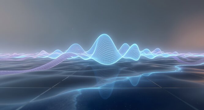 Abstract digital wave pattern with blue and purple glowing dots representing data visualization across a blurred background. Illustrating technology and future.