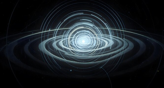 Abstract digital artwork depicting a celestial galaxy with concentric rings and a bright central core against a dark background. Visual details include illuminated particles.