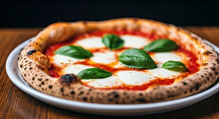Artisan pizza with fresh mozzarella, vibrant basil, and a perfectly blistered crust on wood table.