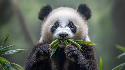 Obraz premium A close-up of a giant panda eating fresh bamboo, showcasing its distinctive black and white fur and round face in a natural green environment.