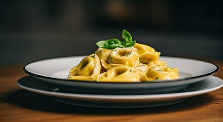 A delicious plate of appetizing tortelloni, garnished with basil leaves, served on a wooden table.