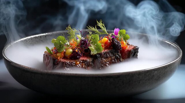 Smoked meat dish artfully arranged on a dark gray bowl, garnished with colorful berries and herbs, emitting a light smoke. Dark background, close up shot.