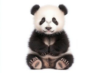 Fototapeta premium A cute baby panda sitting with its paws folded, looking directly at the camera against a white background.