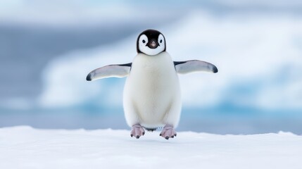 Fototapeta premium A young penguin standing on snow with wings outstretched in a cold, icy environment.