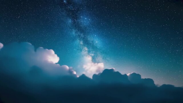 A breathtaking view of the night sky adorned with sparkling stars, a radiant Milky Way, and soft clouds, creating a serene and enchanting cosmic landscape.