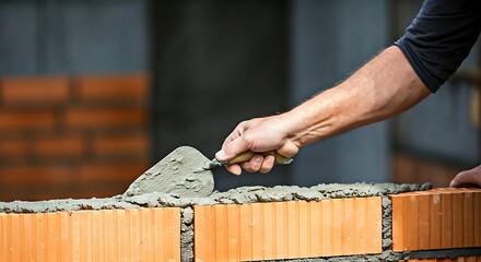 A construction worker applies mortar with a trowel, expertly building a brick wall for stability.