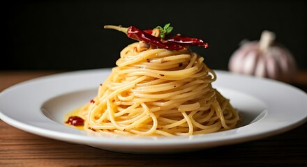 A tantalizing tower of spaghetti aglio e olio adorns a white plate with red pepper and garlic clove.