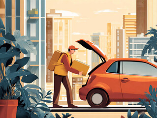 Postal worker loading packages into delivery van, flat illustration