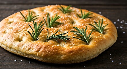 Golden focaccia bread adorned with fresh rosemary sprigs and coarse salt on rustic wooden surface.