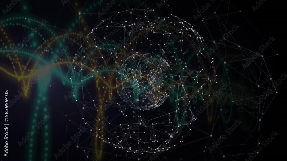Poster opening showing 3d network sphere rotating with teal and amber waveform arcs pulsing for data sync