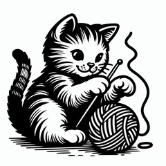 Cute kitten playing with yarn ball