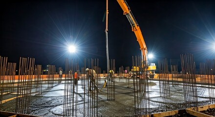 Workers pour and level cement on a construction site with heavy equipment during the night shift.