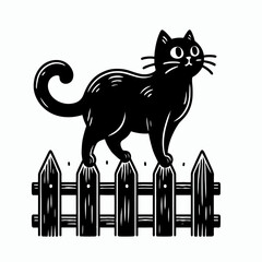 Black cat sitting on wooden fence