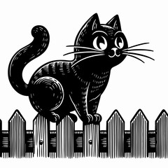 Black cat sitting on wooden fence