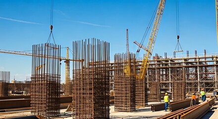 Construction workers oversee a large steel rebar structure being built with yellow cranes outdoors.
