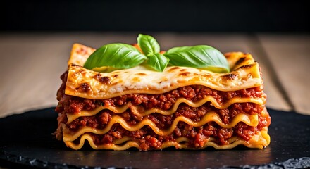 A close-up view presents a square portion of lasagna topped with basil leaves in warm lighting.
