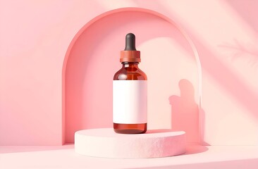Dropper serum bottle mock up with blank label, place for logo, design, text. minimal studio with soft light background with shadow and arch