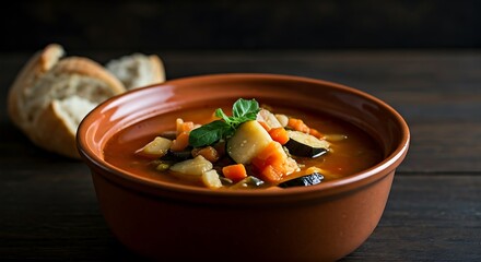 Rustic bowl of vegetable soup with basil garnish, served with crusty bread on a dark wood table.