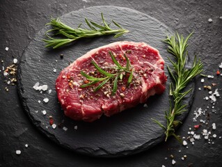 Raw steak with rosemary and coarse salt on dark stone surface