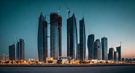 A panoramic view captures striking modern skyscrapers with construction, set against a twilight sky.