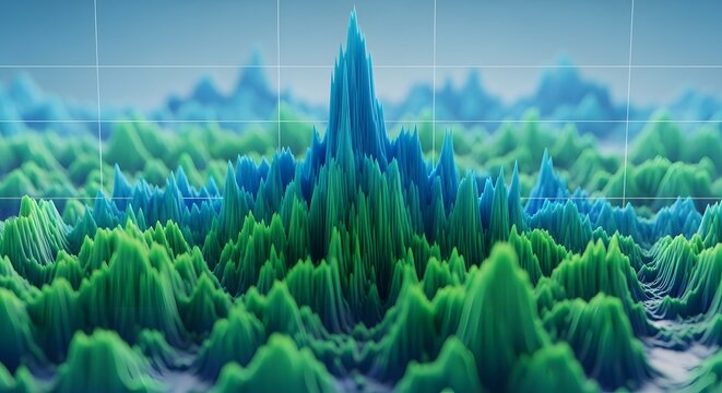 Abstract landscape of data visualization with green and blue peaks and valleys. A digital representation of a terrain with volumetric elements.