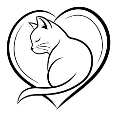 Fototapeta premium Black outline cat sleeping inside a heart shape kitten