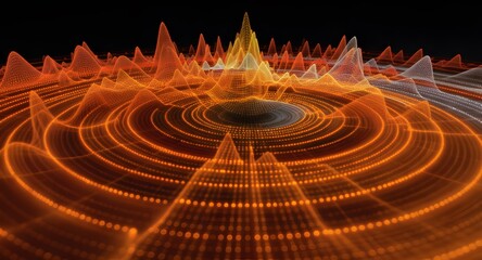 Abstract digital landscape featuring glowing orange and yellow peaks with circular patterns and a dark background. Illustrative visualization with depth and light play.
