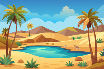 Obraz premium Clean Desert Oasis Vector Style with Palm Trees and Water