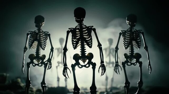 Animated halloween skeletons walking through eerie foggy night landscape. concept of spooky animation, halloween theme, mysterious atmosphere