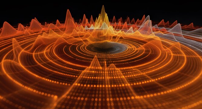 Abstract digital landscape featuring glowing orange and yellow peaks with circular patterns and a dark background. Illustrative visualization with depth and light play.