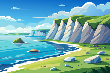 Flat Coastline with Grassy Cliffs and Scattered Stones